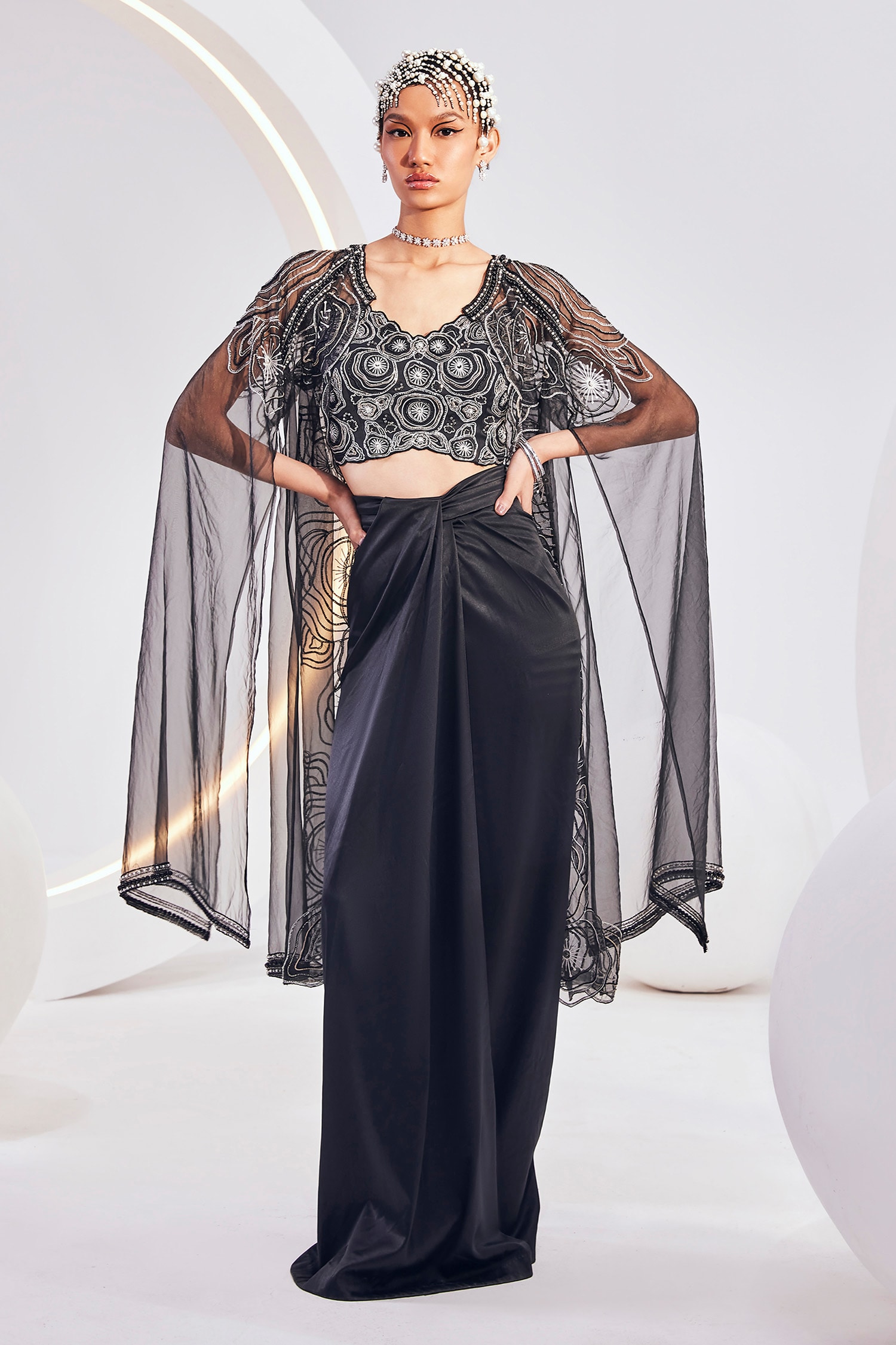 Divya Aggarwal Black Blouse Eden Swirl Embroidered Cape Skirt Set