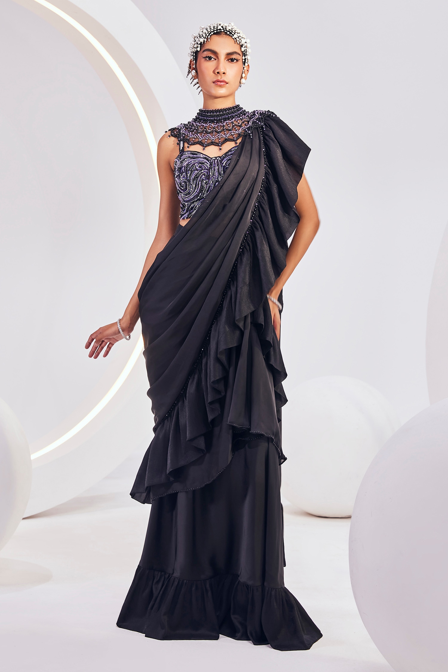 Women Designer Georgette Ruffle Saree With Unstitched Blouse Piece Sari ( Black) | eBay