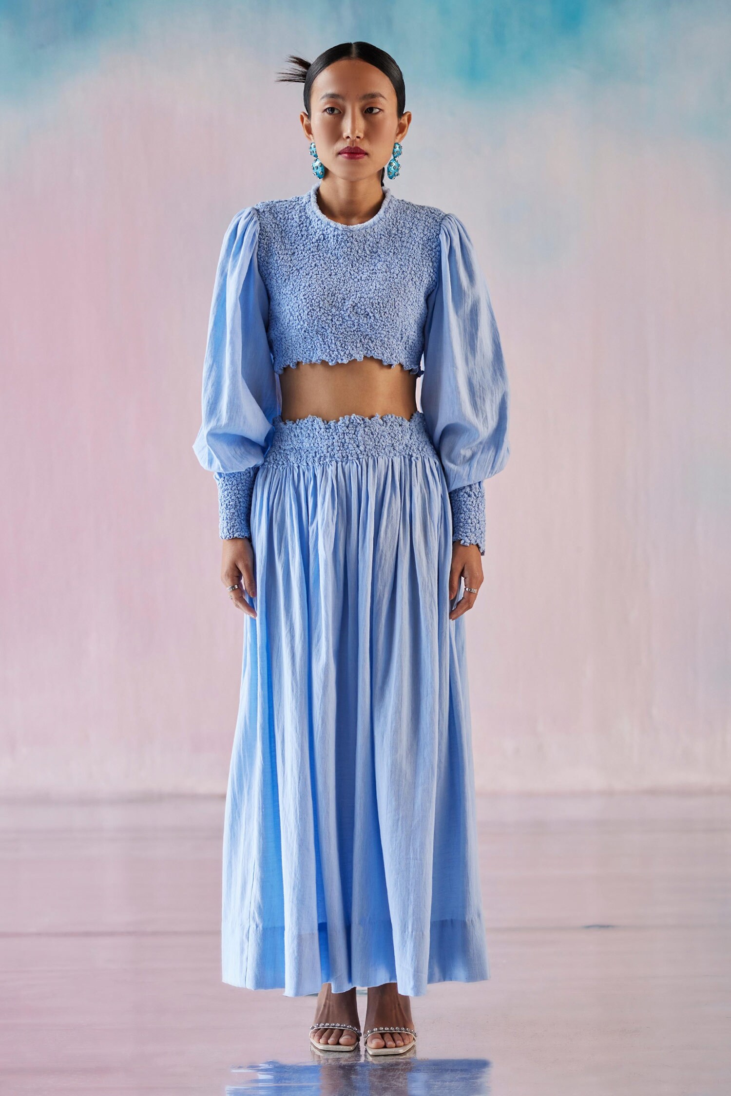 Buy Blue Cambray Smocking Round Smocked Crop Top With Skirt For Women