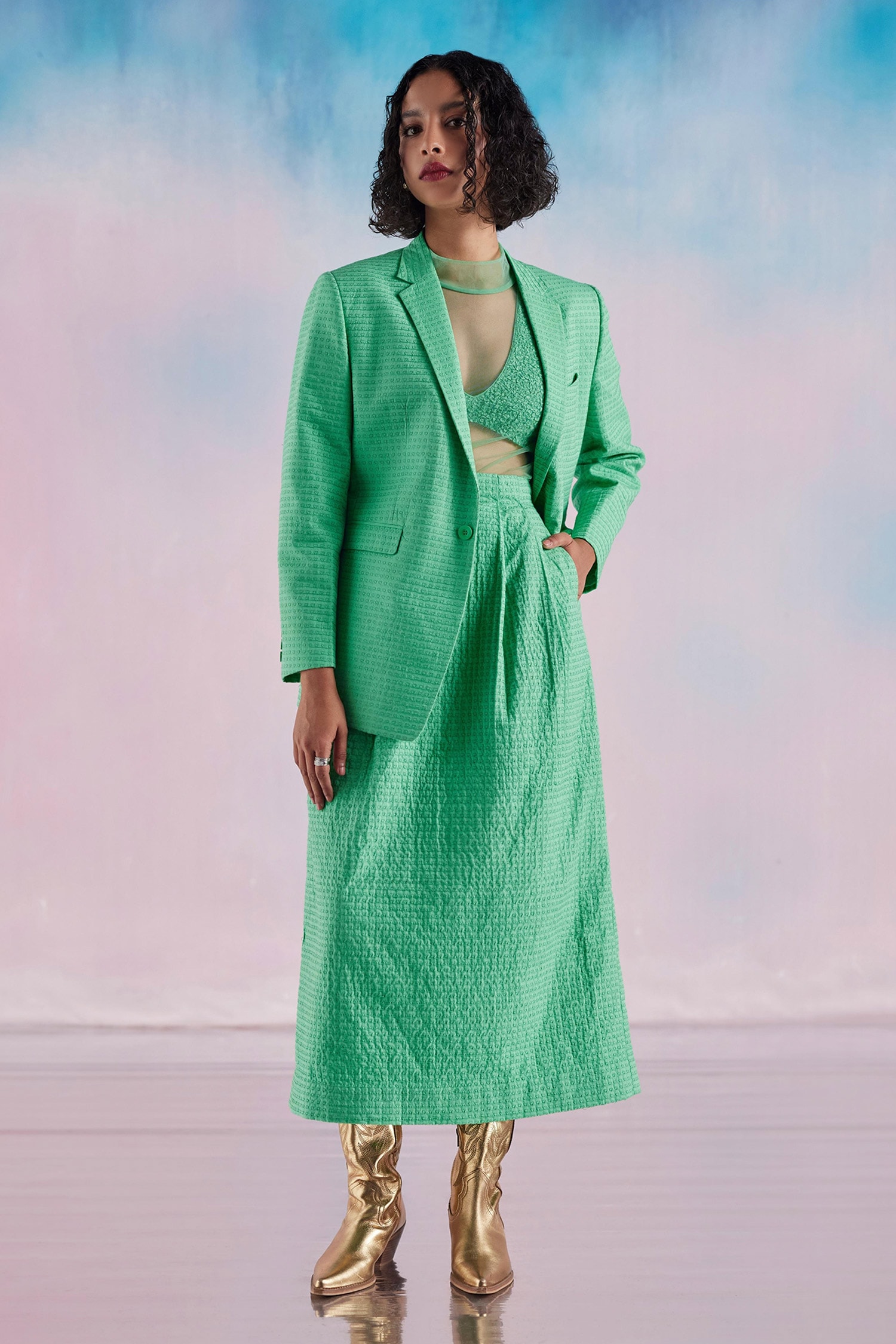 Buy Green Jacket Embroidered Heart Jacket Lapel Collar Skirt Set For