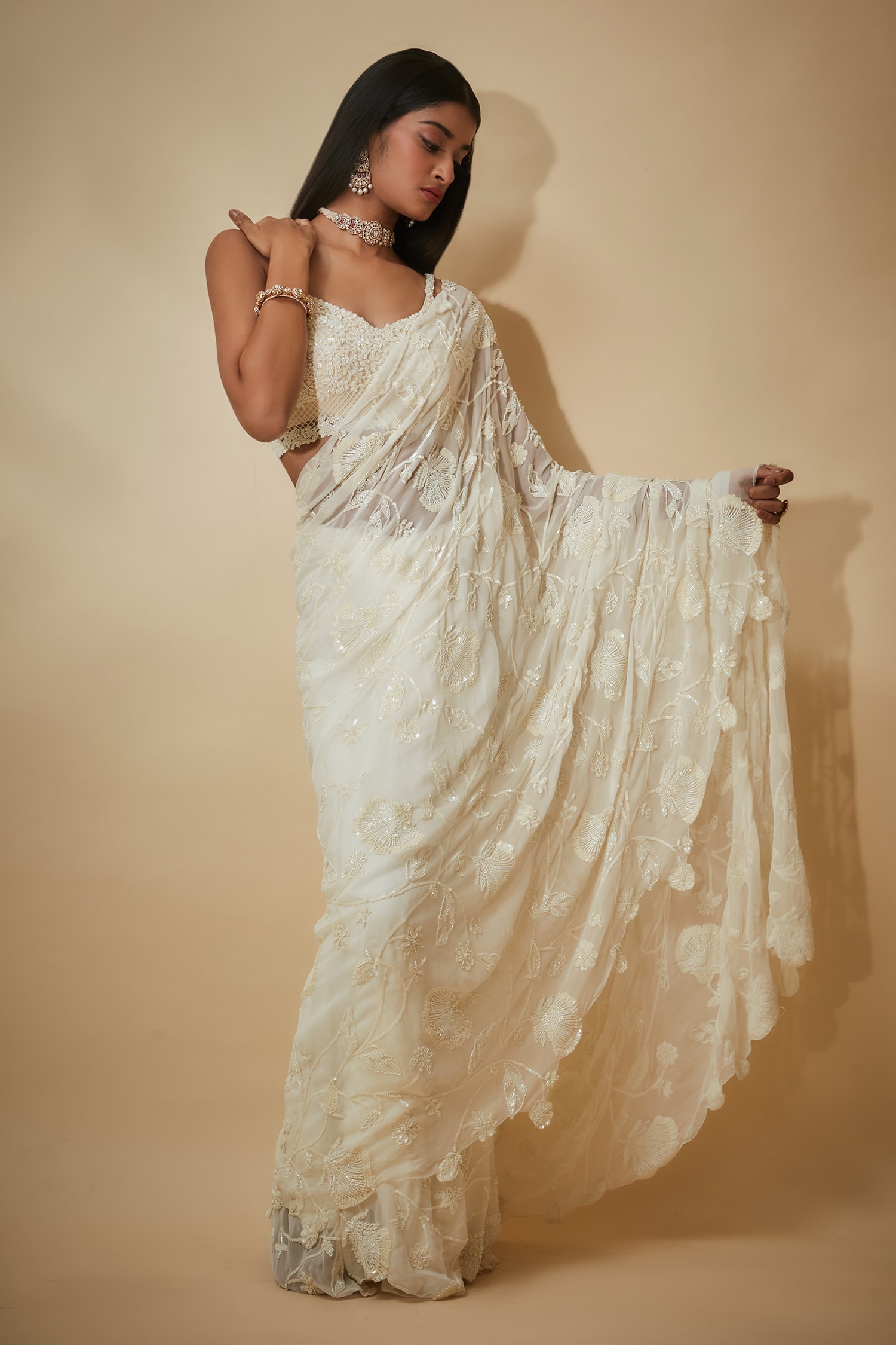 Premya By Manishii White Tulle Hand Embroidered Saree With Blouse