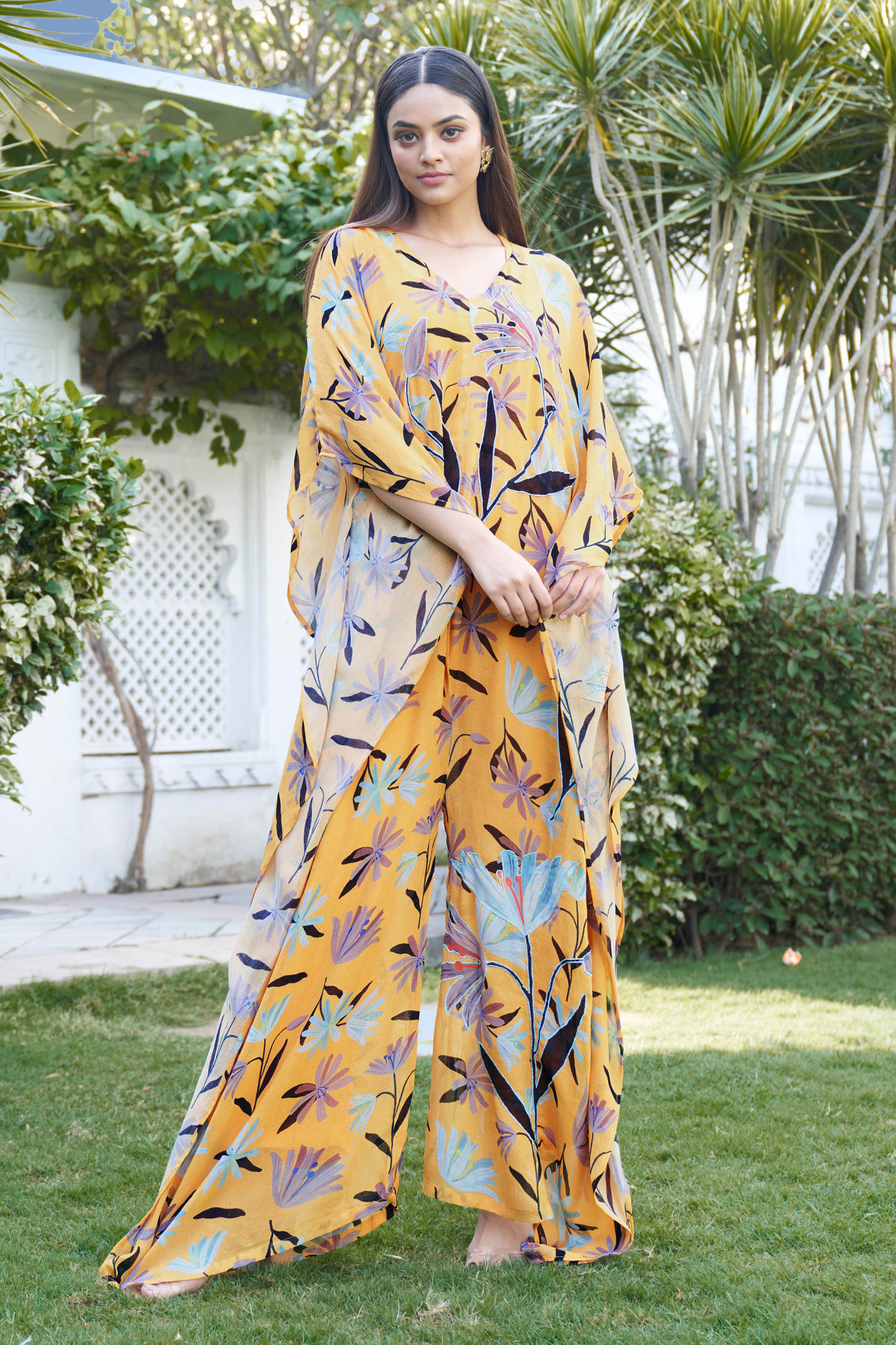 Buy Yellow Georgette Printed Floral V Neck Kaftan Jumpsuit For Women by  AFFROZ Online at Aza Fashions.