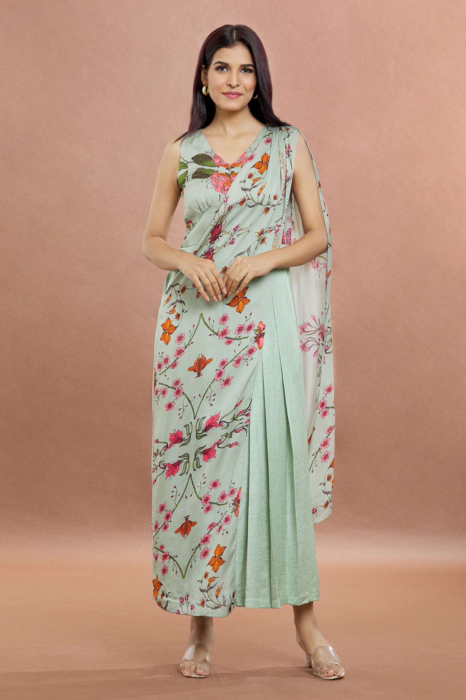 Fashion Bug Sarees 2026.Buy Bug Print Saree Draped Jumpsuit by Whimscial by shica at Aza Fashions