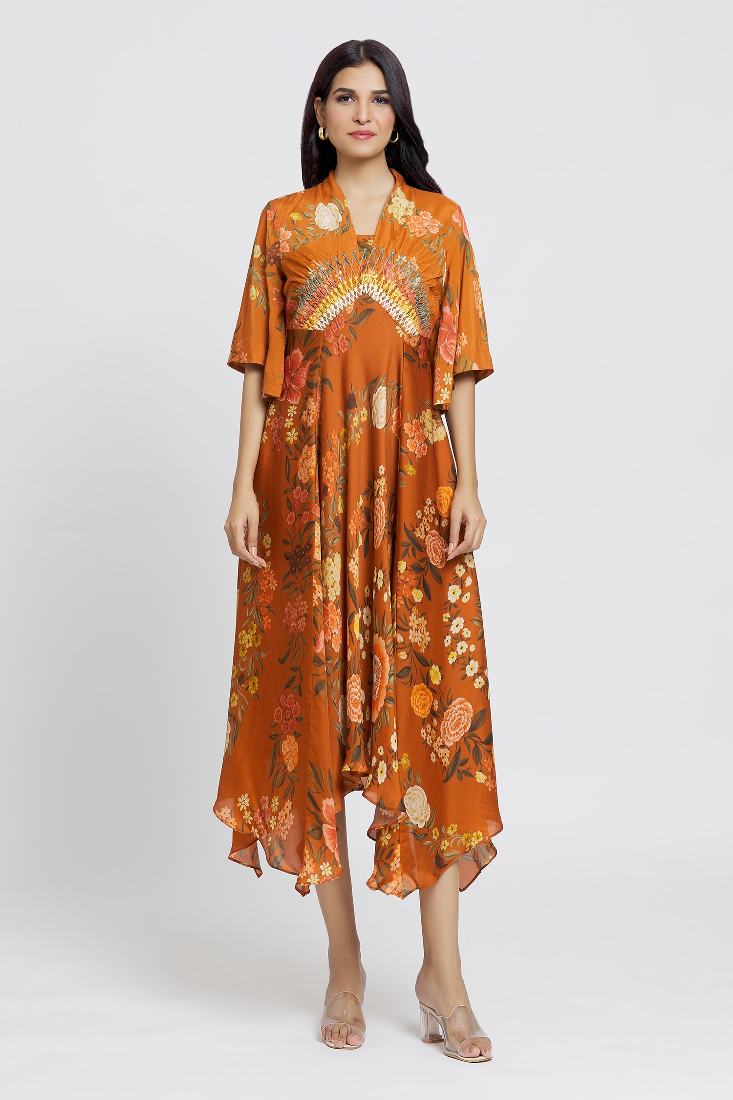 Buy Orange Cotton Silk Printed Floral V Neck Flower Dress For Women by ...