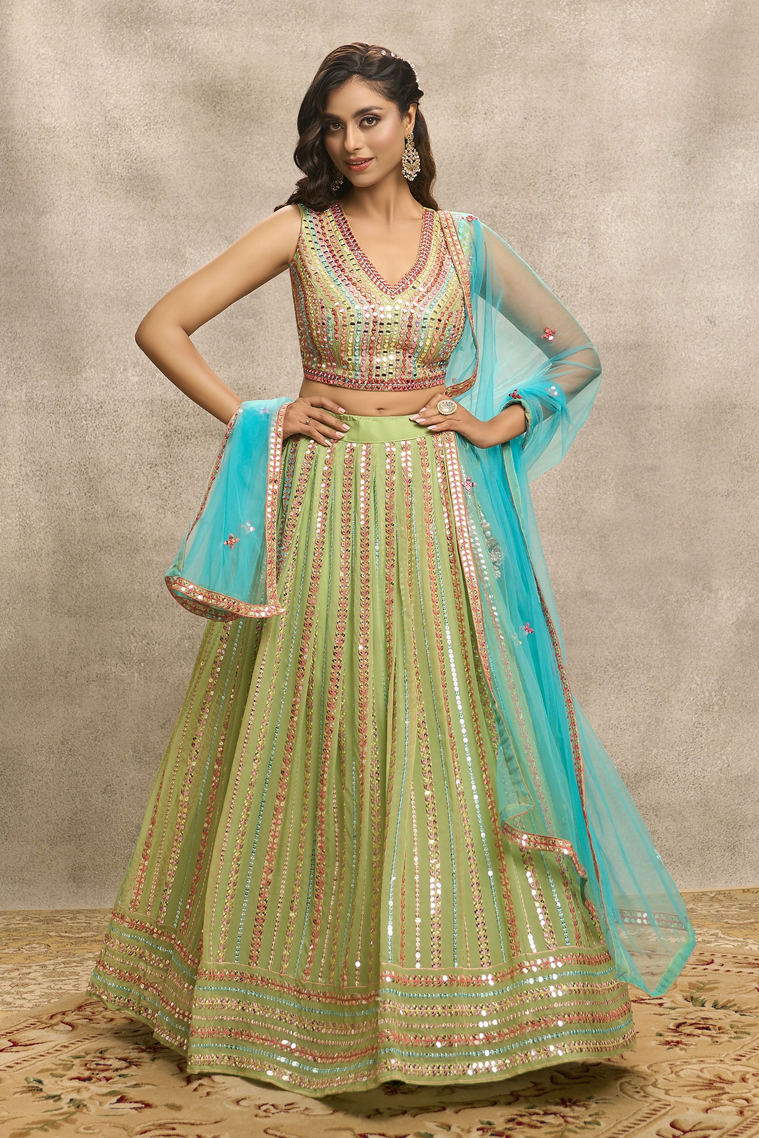 buy-green-blouse-raw-silk-embroidery-mirror-v-neck-and-sequin-lehenga