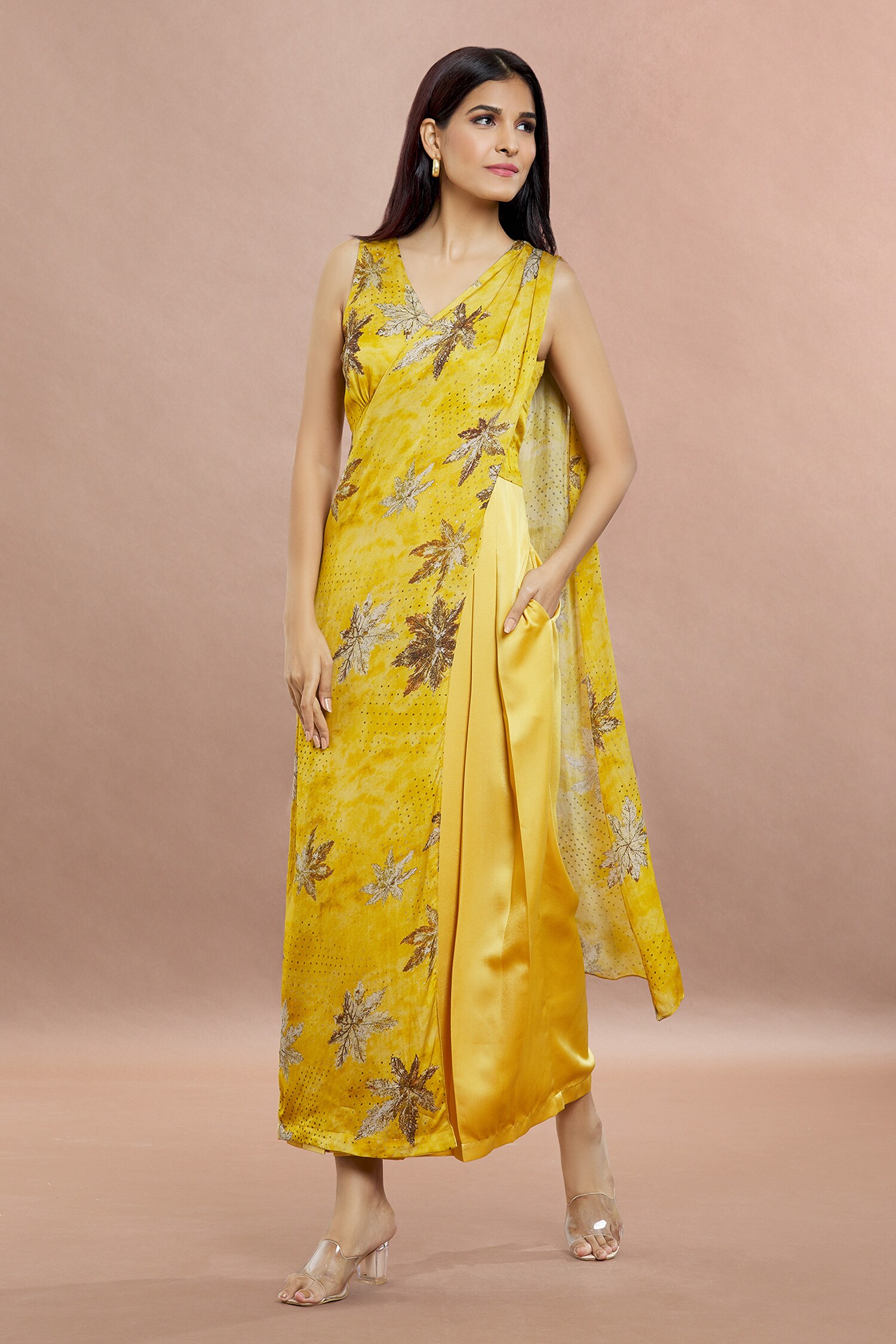 Buy Whimscial by shica Yellow Organza Satin Maple Dot Print Saree