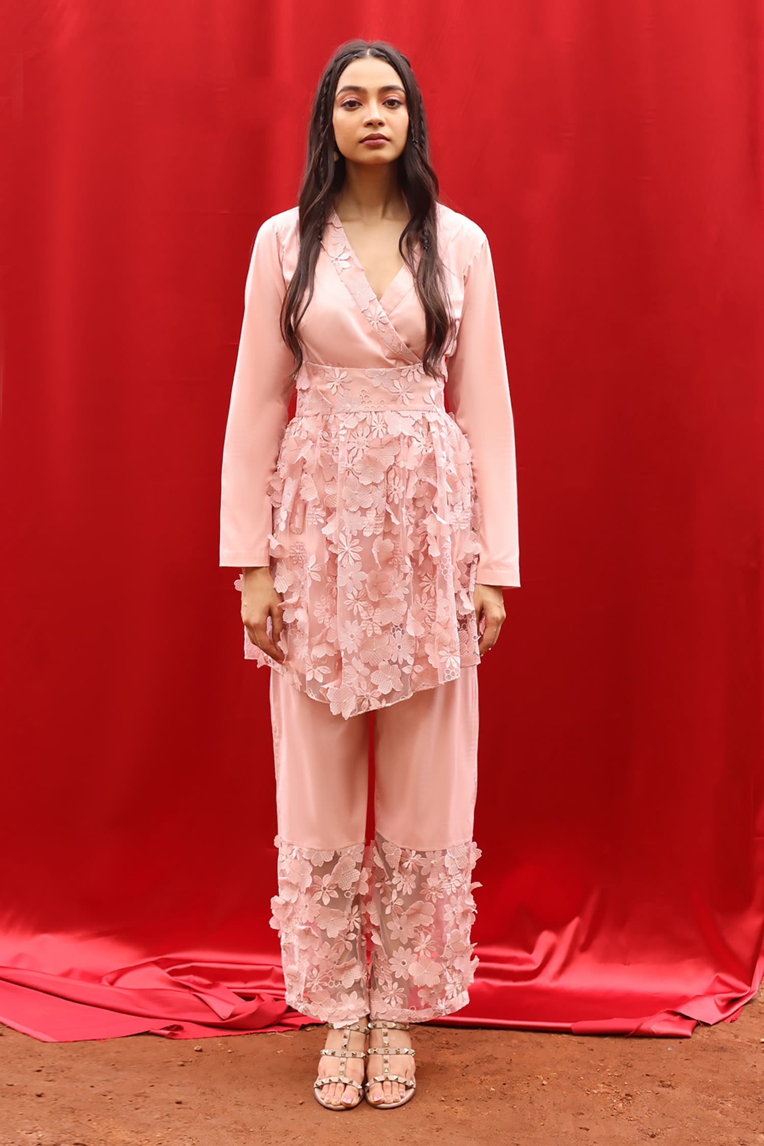 Buy Pink Cotton Lycra Embroidered Floral Wrap Jacket And Pant Set For