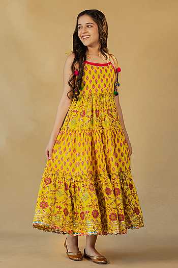 Buy Yellow Cotton Print Jaipuri Floral Dress For Girls by JILMIL ...