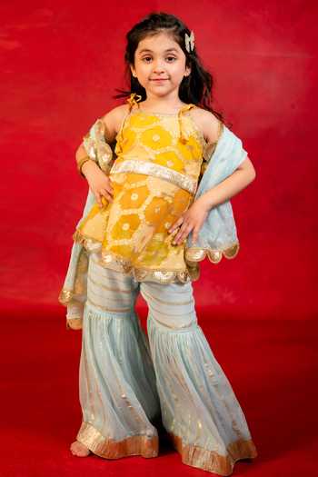 Girls Aline Kurta Sharara Set-Yellow
