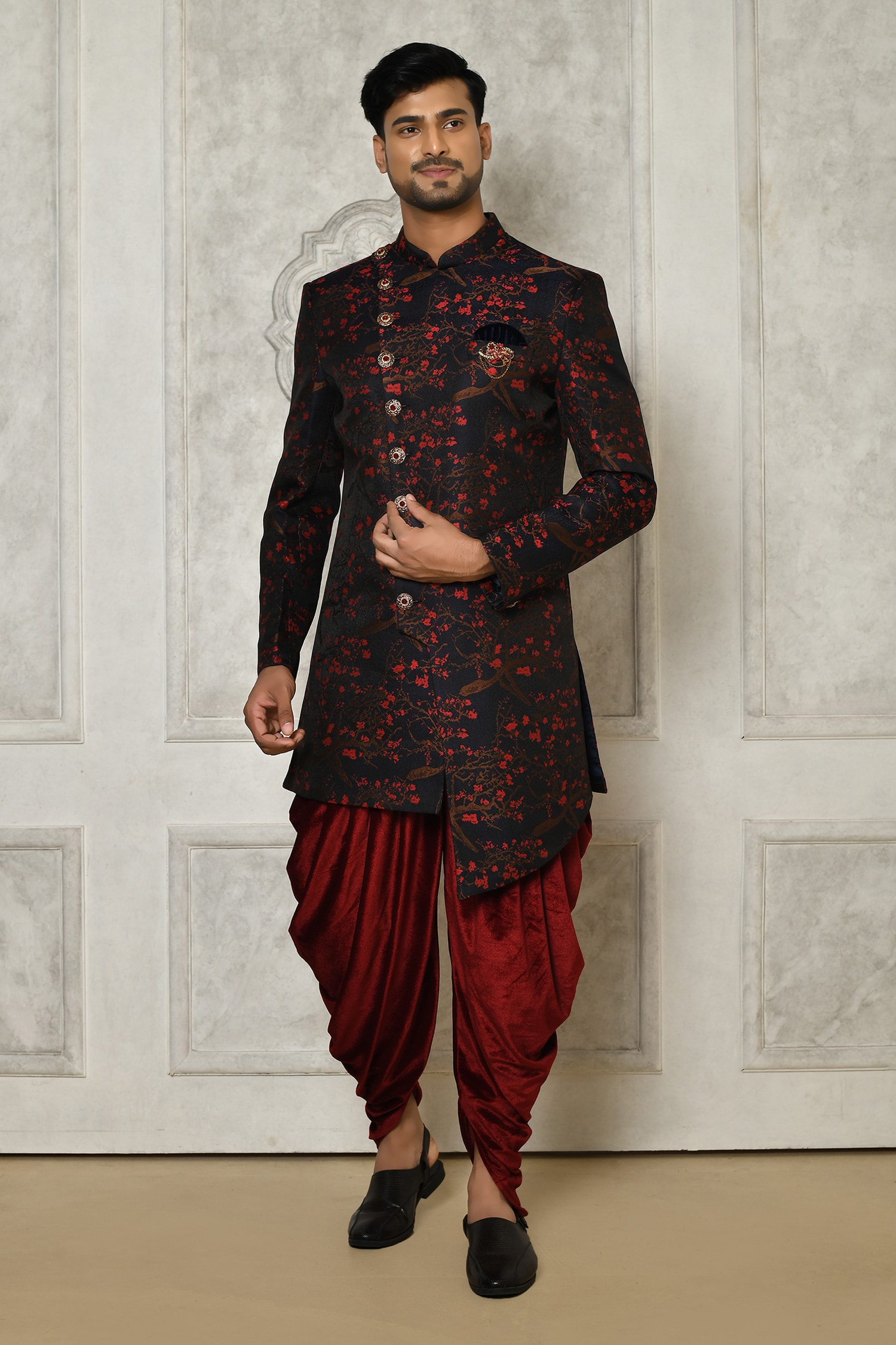 Floral Branch Pattern Sherwani With Dhoti Pant 