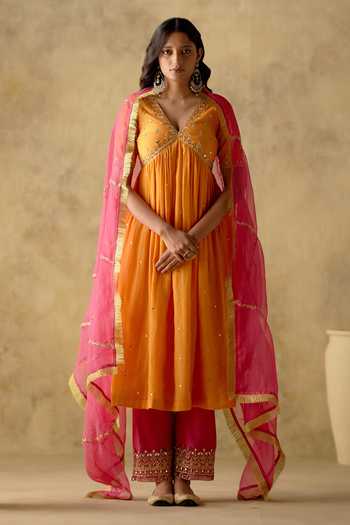 Designer Mul Chanderi Anarkali Suit Set With Palazzo Dupatta For Women