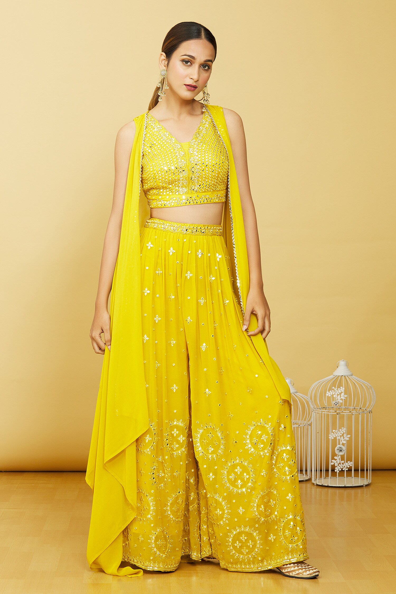 Buy Adara Khan Yellow Georgette Mirror Embroidered Jacket Palazzo Set ...