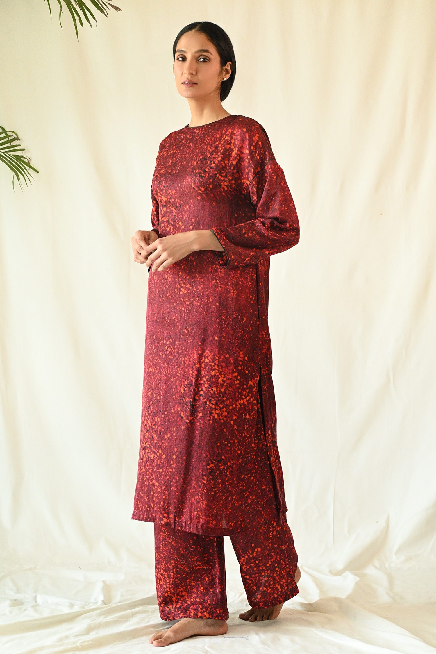 Buy Red Cotton Satin Hand Painted Freckle Kurta And Pant Set For Women ...