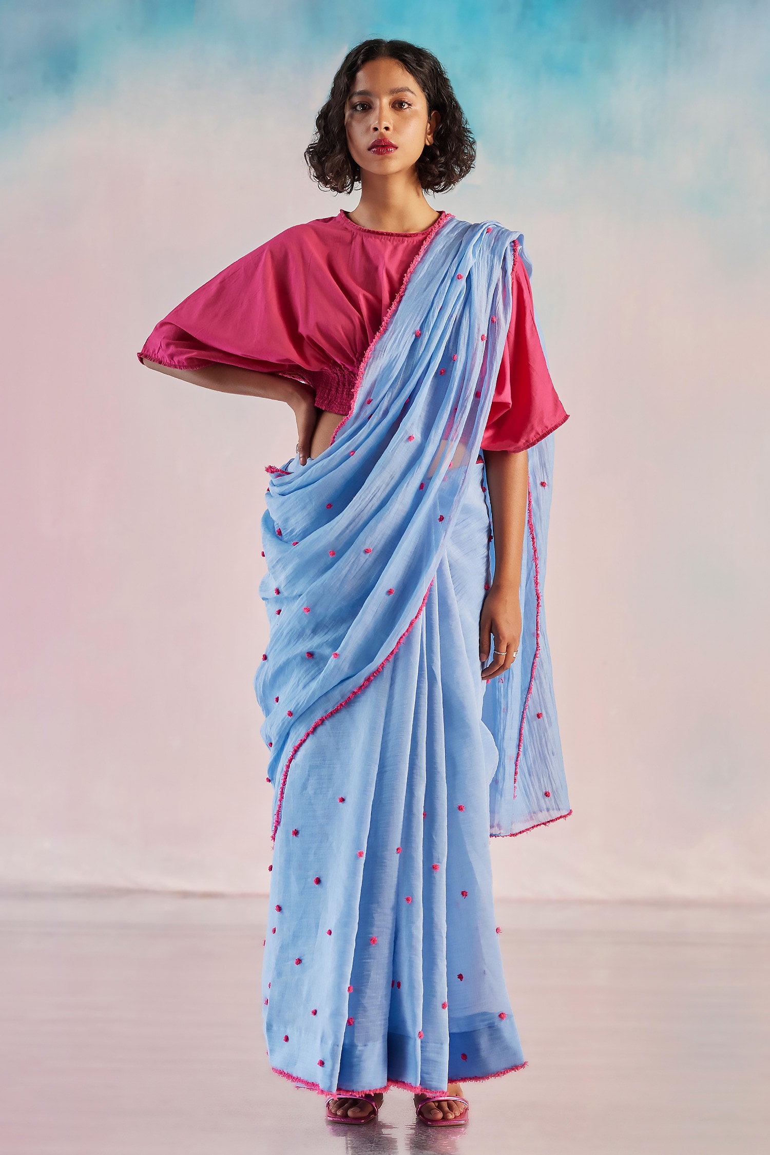 Mint Green and Blue Saree with Embroidery