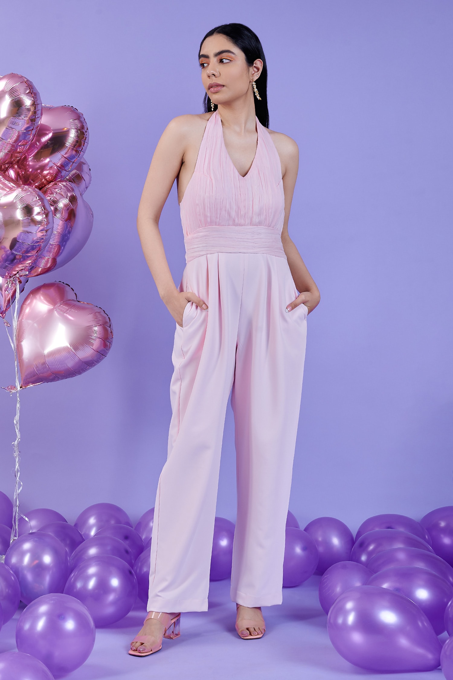 Buy KOKOKOS Pink Banana Crepe Ruched Yoke Halter Neck Jumpsuit Online