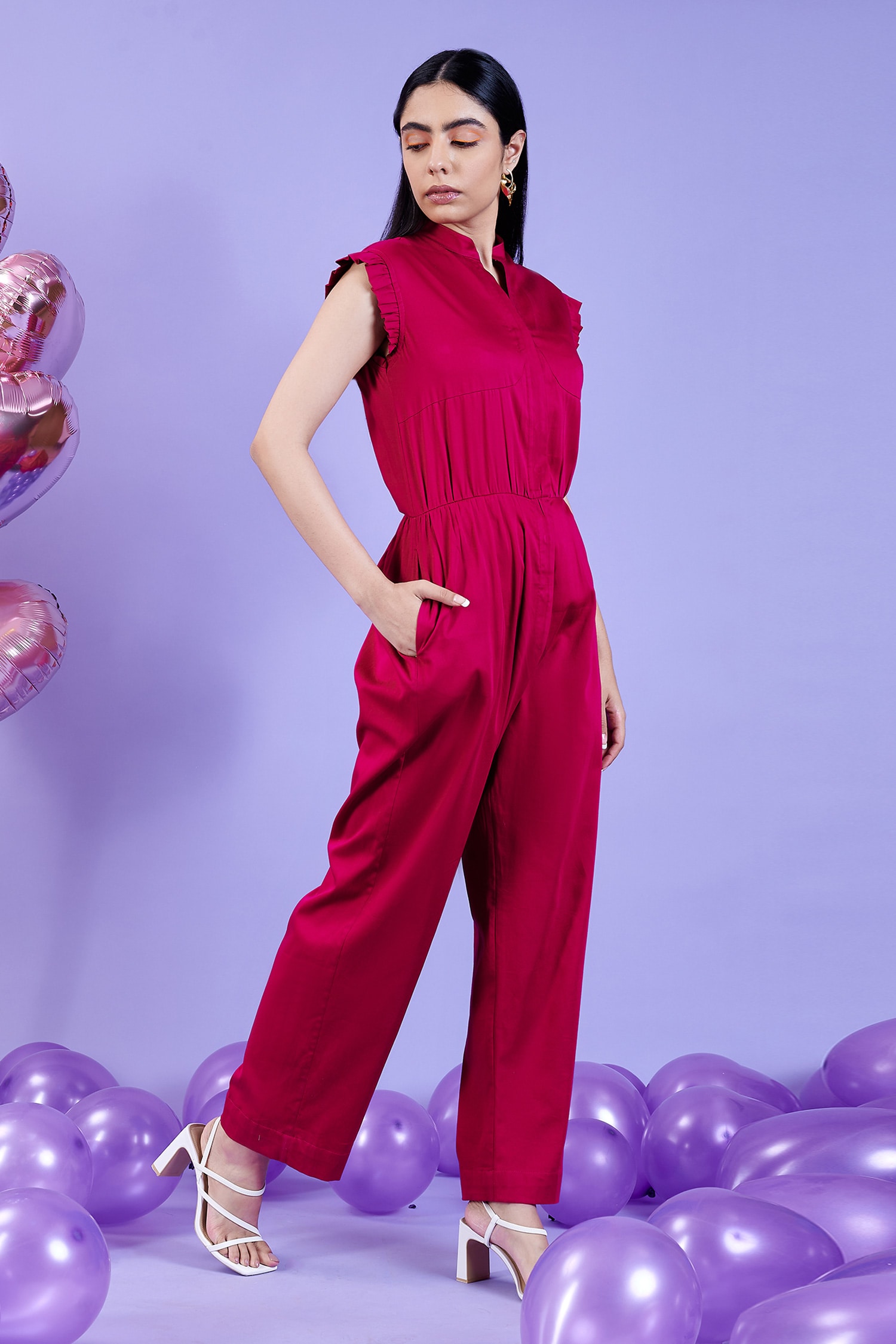 Buy KOKOKOS Magenta Cotton Satin Band Collar Jumpsuit Online Aza Fashions