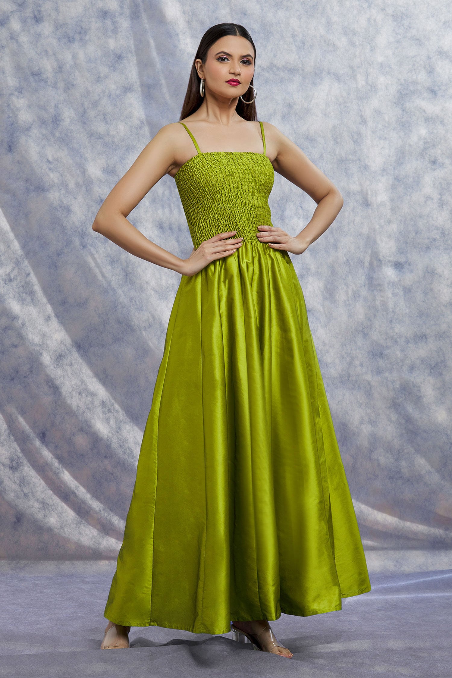 Buy Green Taffeta Silk Hand Embroidered Smocking Square Smocked Dress ...