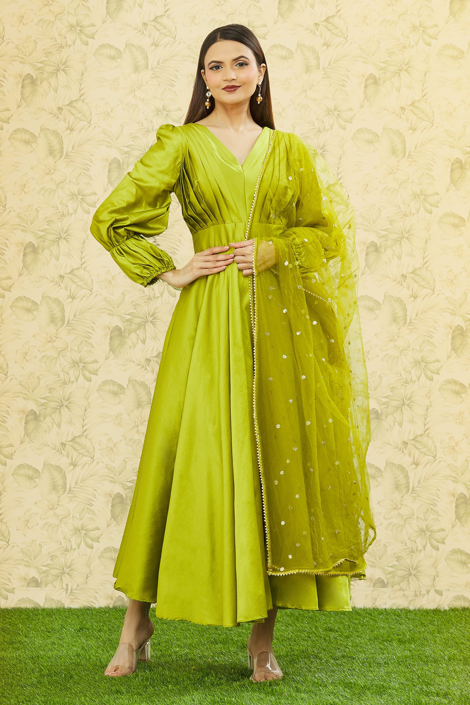 Buy Green Taffeta Silk Solid V Neck Bodice Pleated Dress For Women by ...