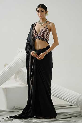 Magnolia Cream Satin Saree with Black Posh Border & Blouse Fabric