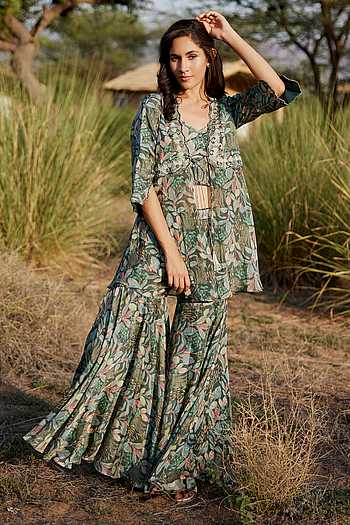 Aqua Abstract Floral Gharara & Cape Set
