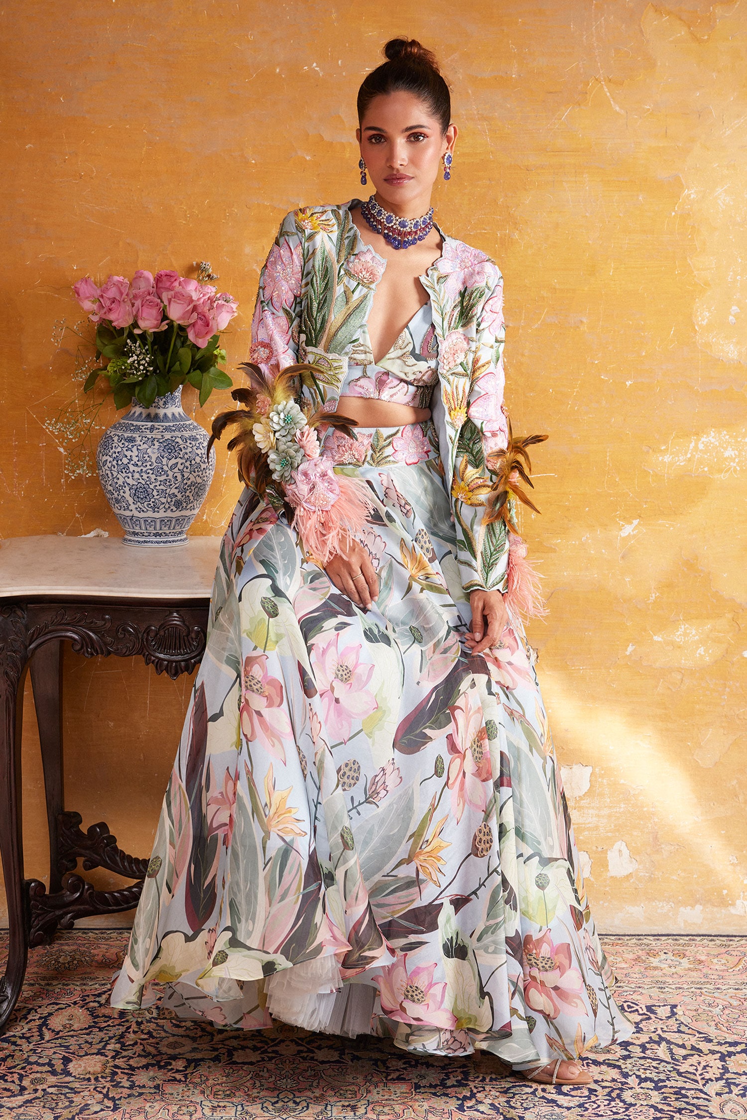 Buy Blue Chanderi Embellished Sequin Jacket: Open Floral Skirt Set For ...