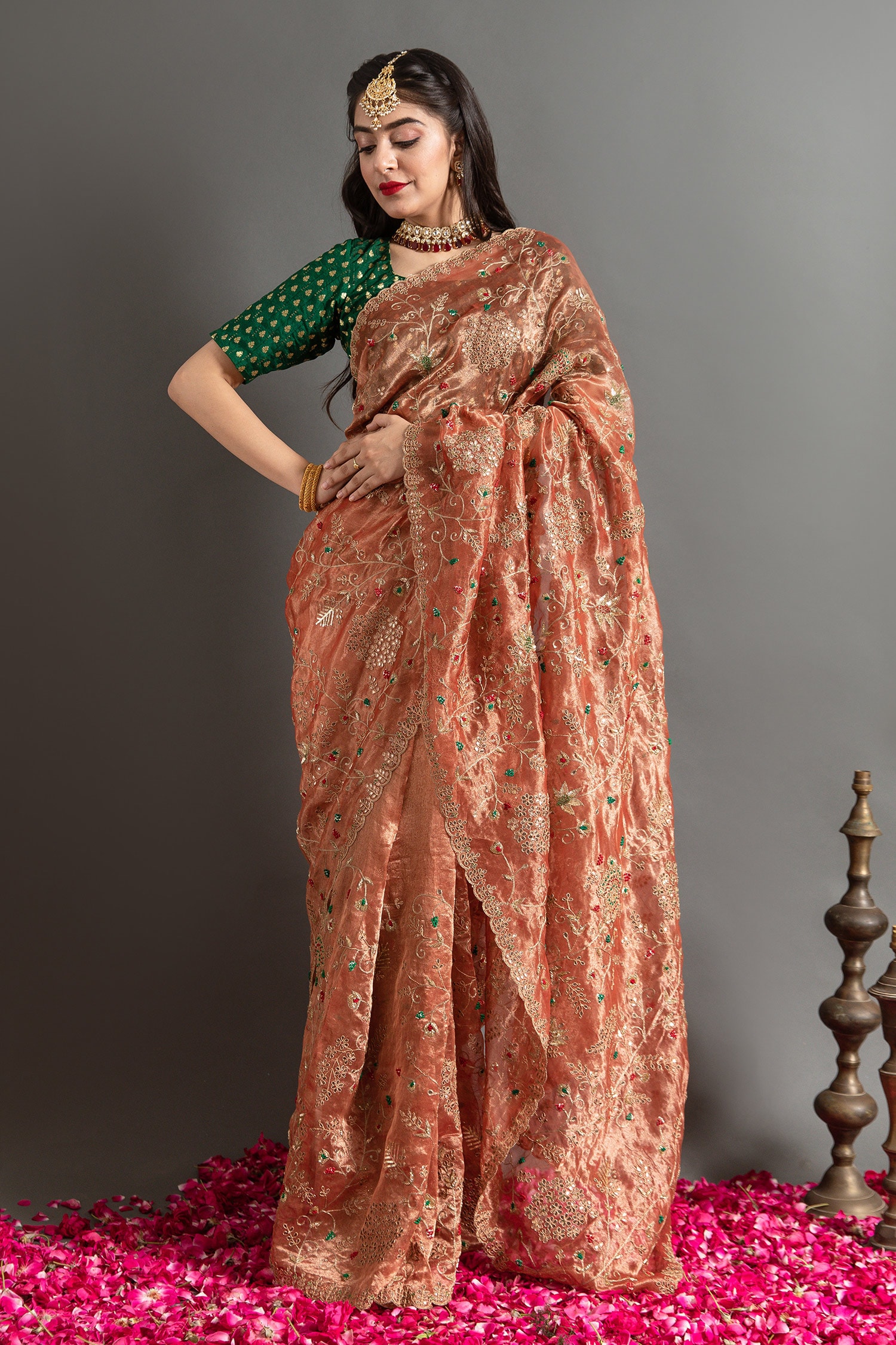 Buy Brown Tissue Embroidered Marodi Sarson Zardozi Saree With Blouse ...