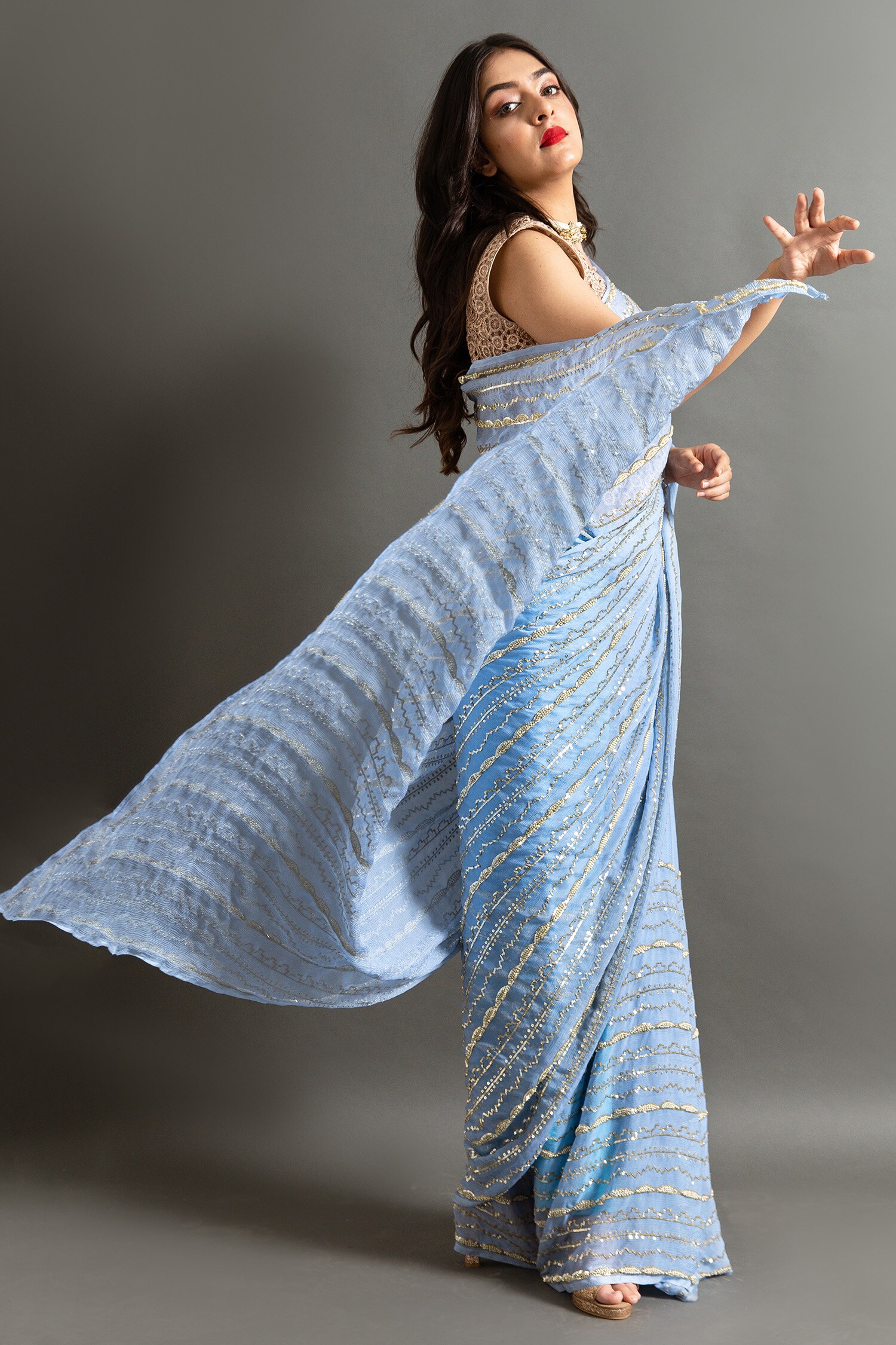 Blue Shimmer Chiffon Saree with Zari Border - Monastoor- Indian ethnical  dress collections with more than 1500+ fashionable indian traditional  dresses and ethnical jewelleries.