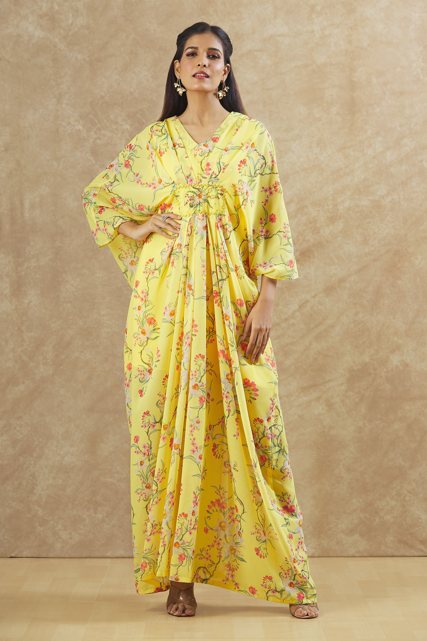 Buy Yellow Georgette Printed Floral V Neck Kaftan With Inner For Women ...