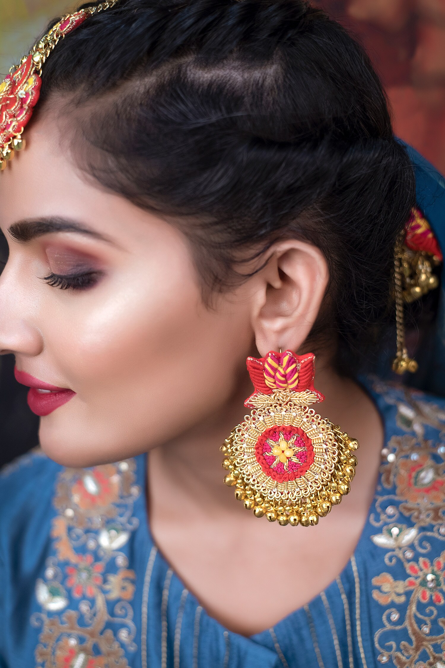 Buy Red Chandbali Design Earrings With Maang Tikka Online From Wholesale  Salwar.