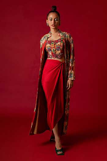 Buy Red Crepe Hand Embroidery Thread Stand Abstract Jacket And