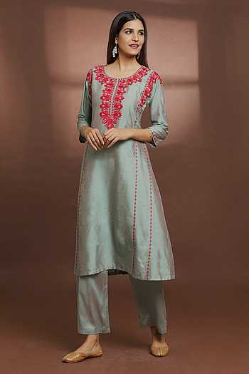Round Neck Embroidered Flared Kurta & Pant Set 