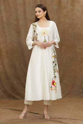 Buy Ivory Silk Chanderi Embroidered Thread Attached Jacket Kurta With ...