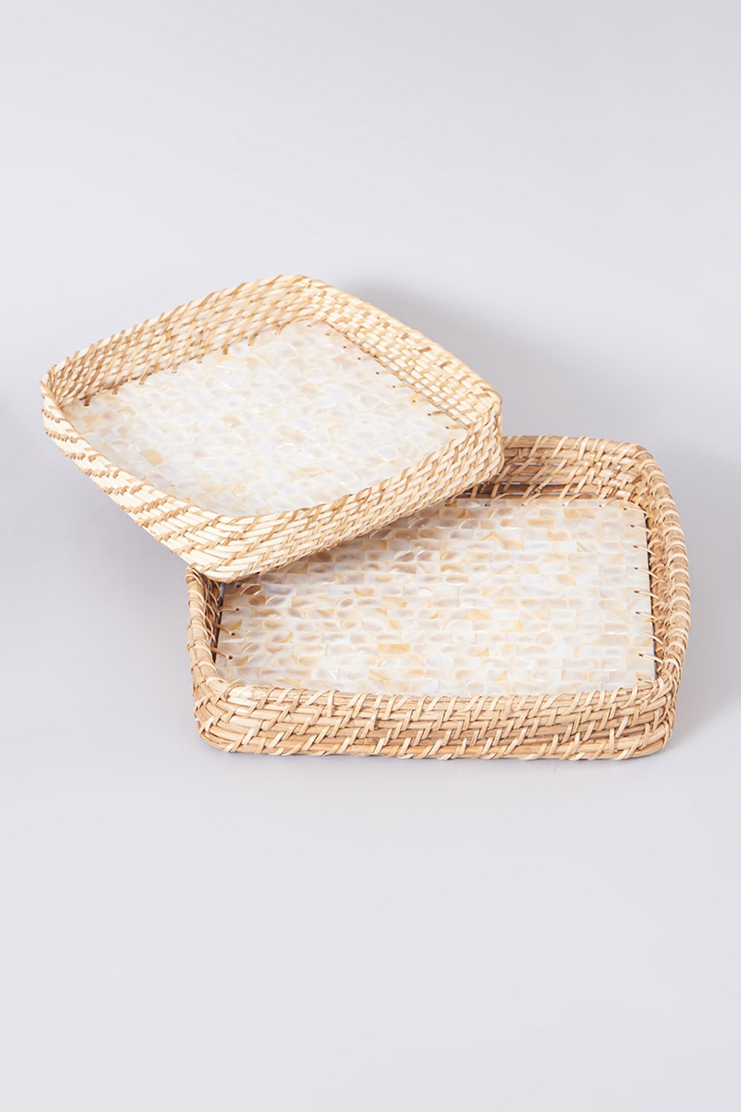 Buy Mother of Pearl & Cane Basket Tray Set 2 Pcs by Assemblage at Aza