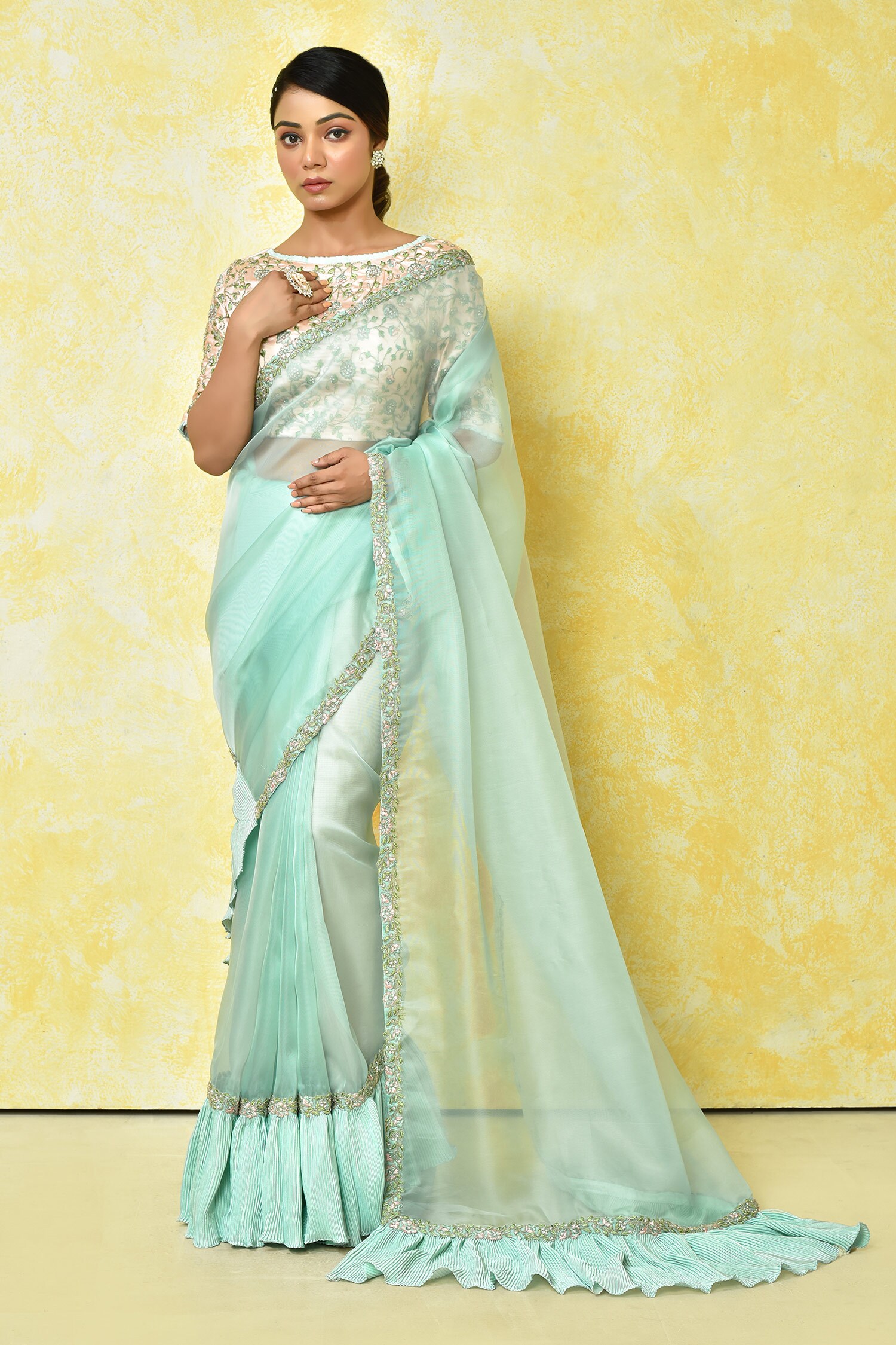 Buy Blue Net Organza Embroidered Floral Boat Saree With Blouse For ...