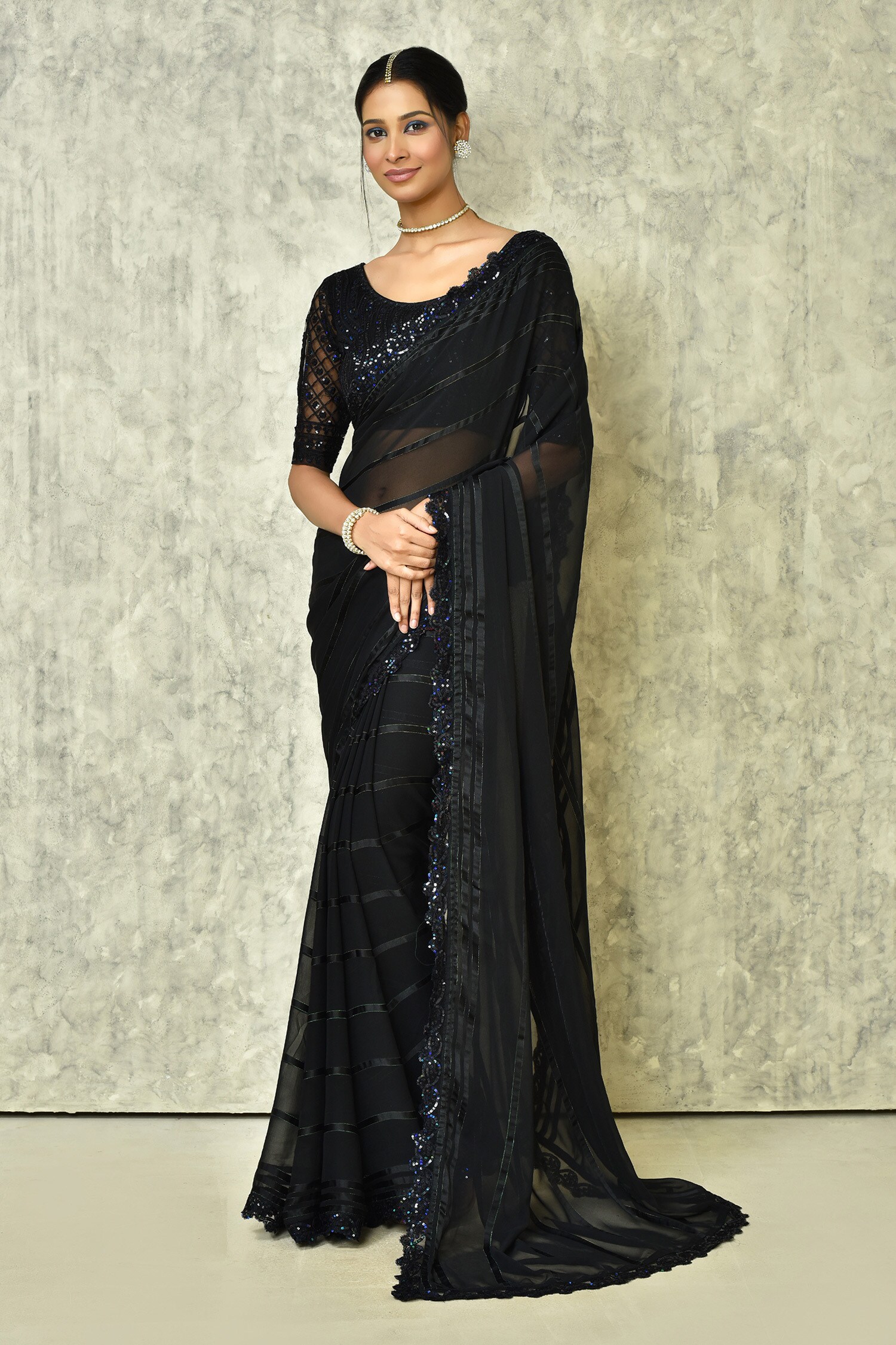 Buy Black Silk Embroidered Sequins Round Striped Saree With Blouse For ...