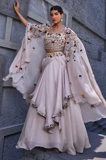 Vibrant Fuchsia Drape Skirt Set with Intricate Thread Embroidery main image 0
