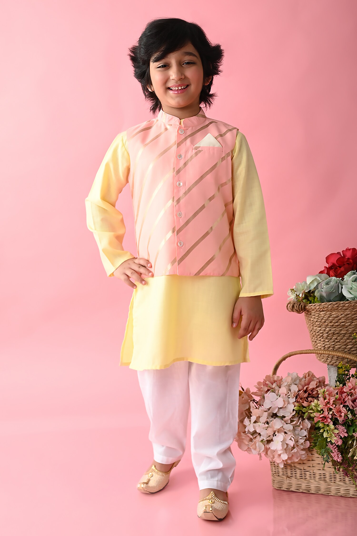 Saka Designs Pink Linear Print Cotton Bundi And Kurta Set For Boys