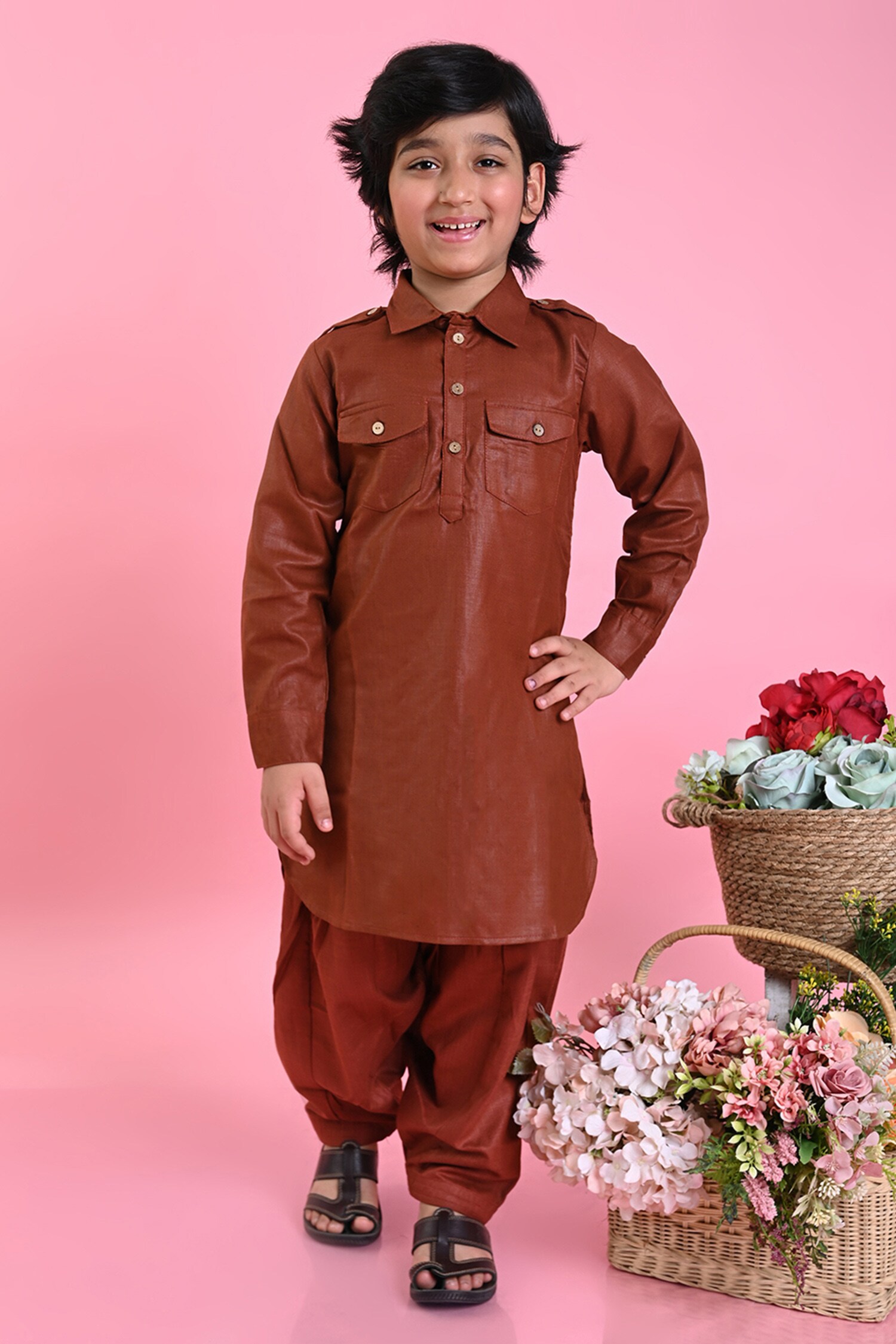 Buy Brown Cotton Blend Plain Full Sleeve Pathani Kurta Set For Boys by