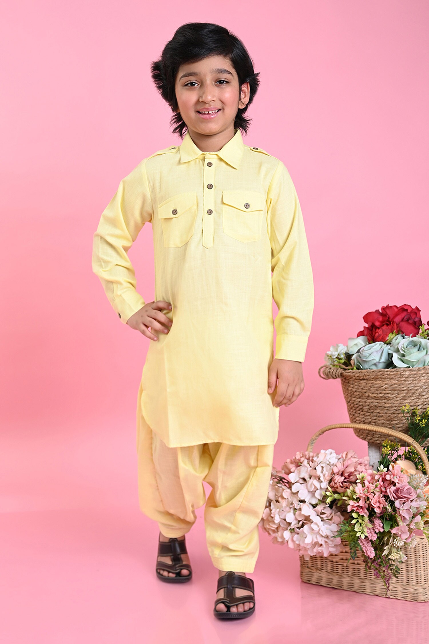 Buy Yellow Cotton Blend Plain Full Sleeve Pathani Kurta Set For Boys by