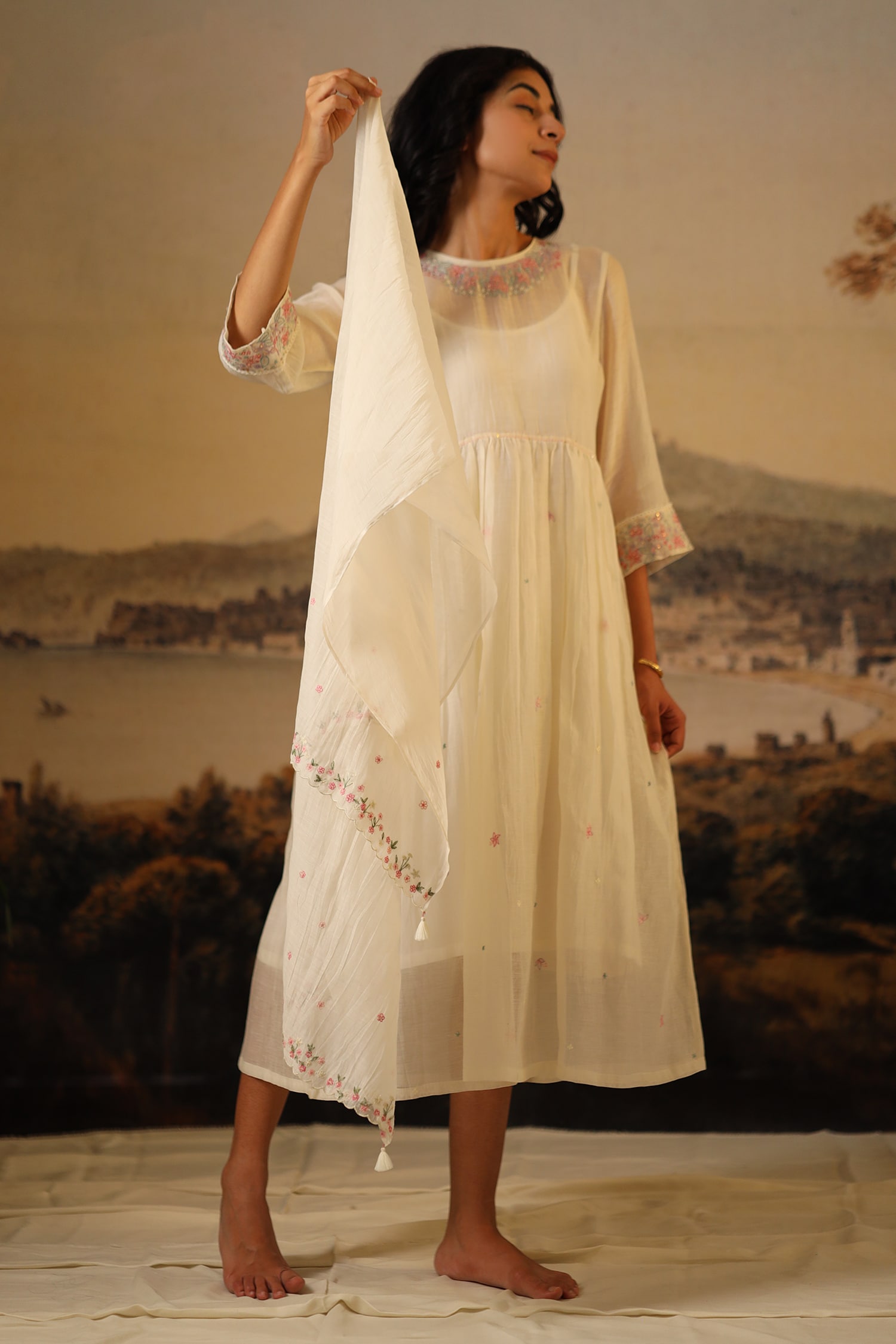 Buy White Resham Handloom Chanderi Embroidered Scarf by TATWA Online at