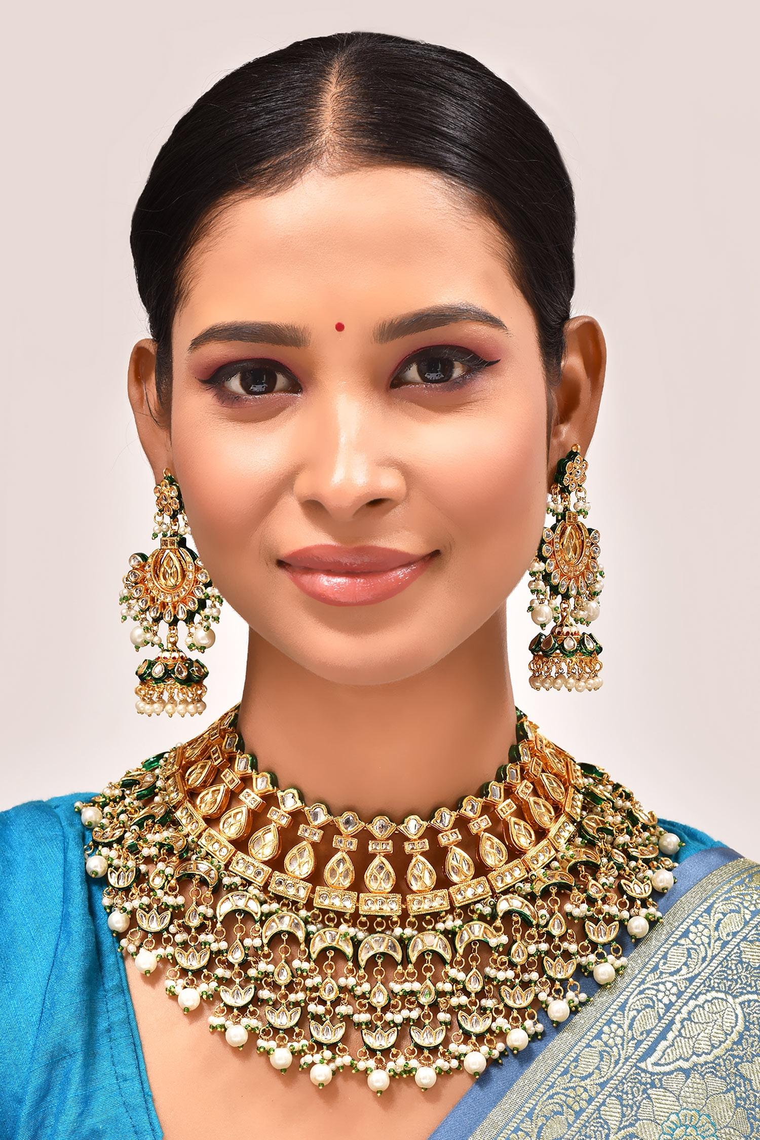 Zevar by Geeta - Gold Plated Kundan Brass Mughal Pattern Embellished  Necklace Set