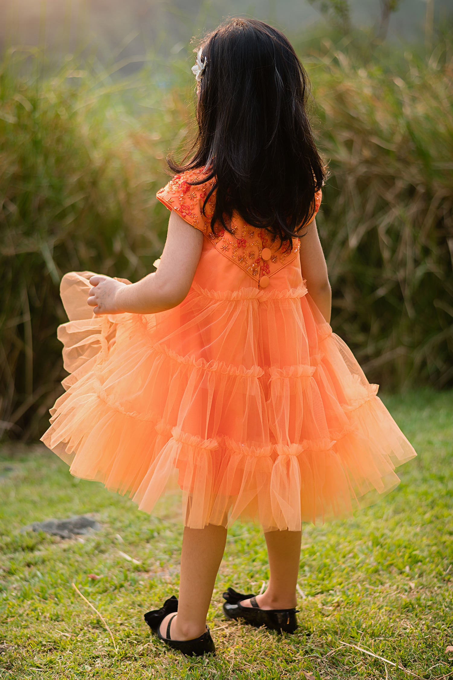 Buy Orange Net Ruffle Sequin Embroidered Yoke Tiered Dress For