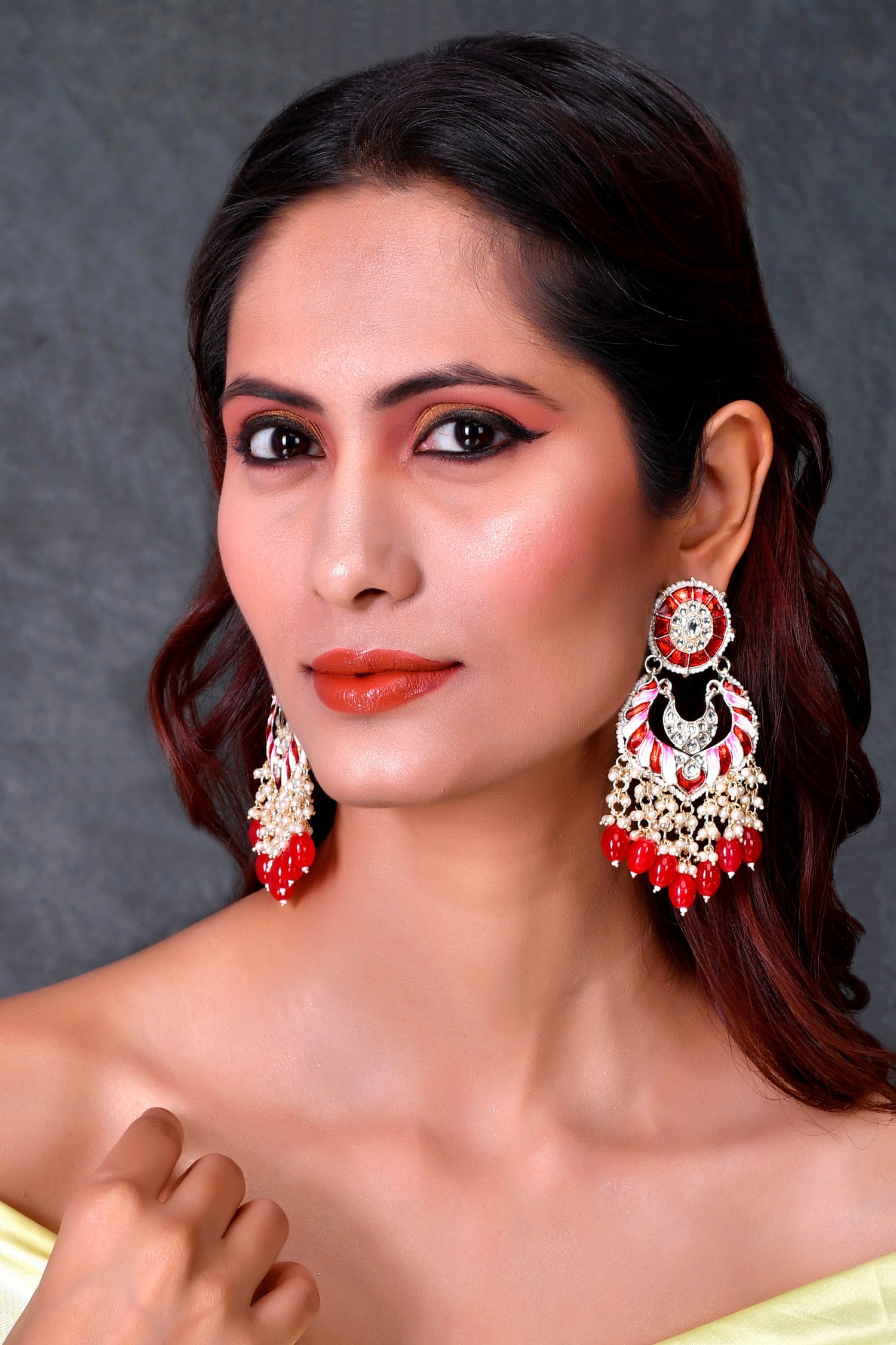 Wine Red Pearl Kundan Chandbali Earrings | FashionCrab.com