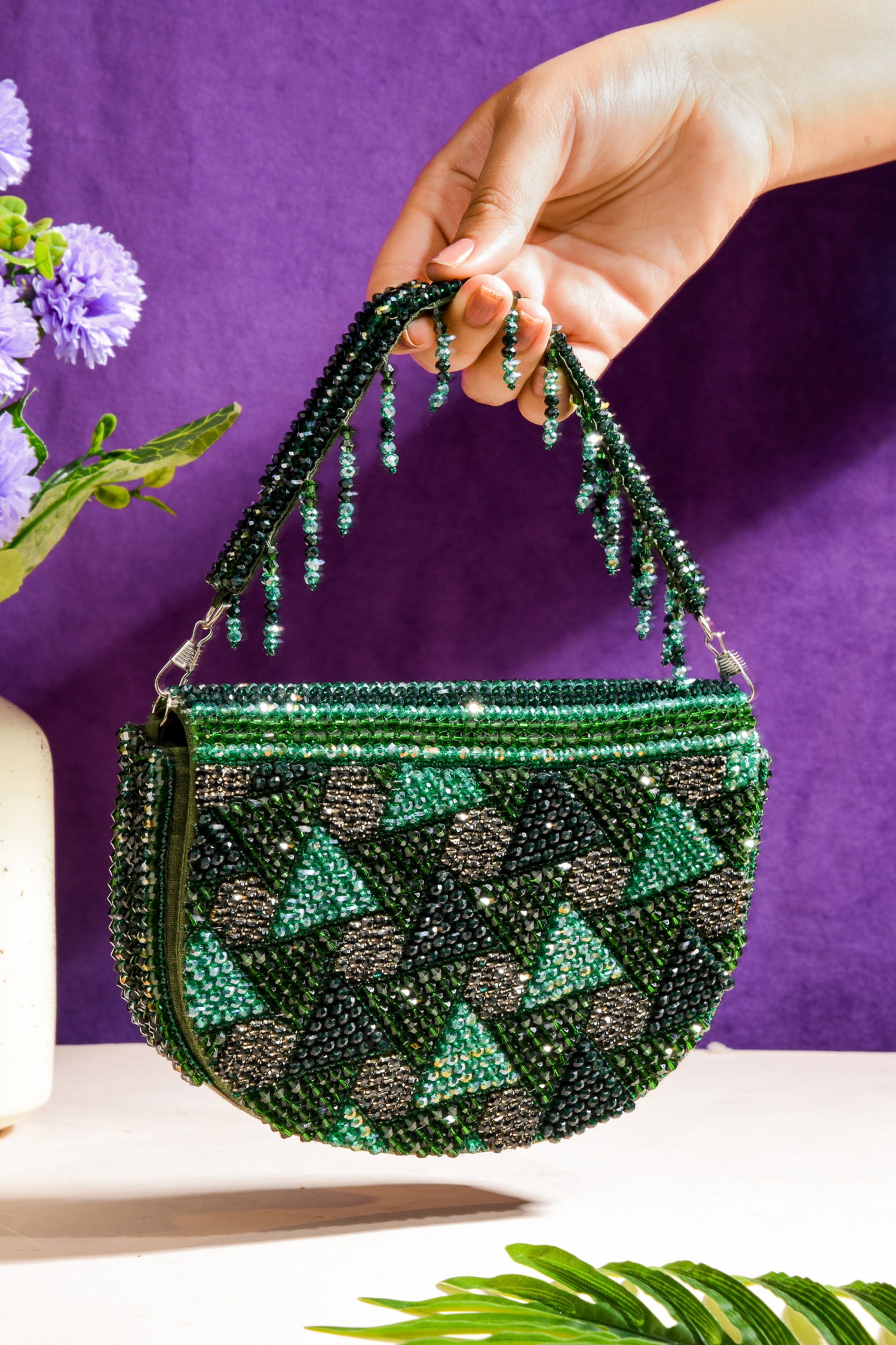 Buy Green Crystal Beads Embroidered Beauty Bag by The Purple Sack