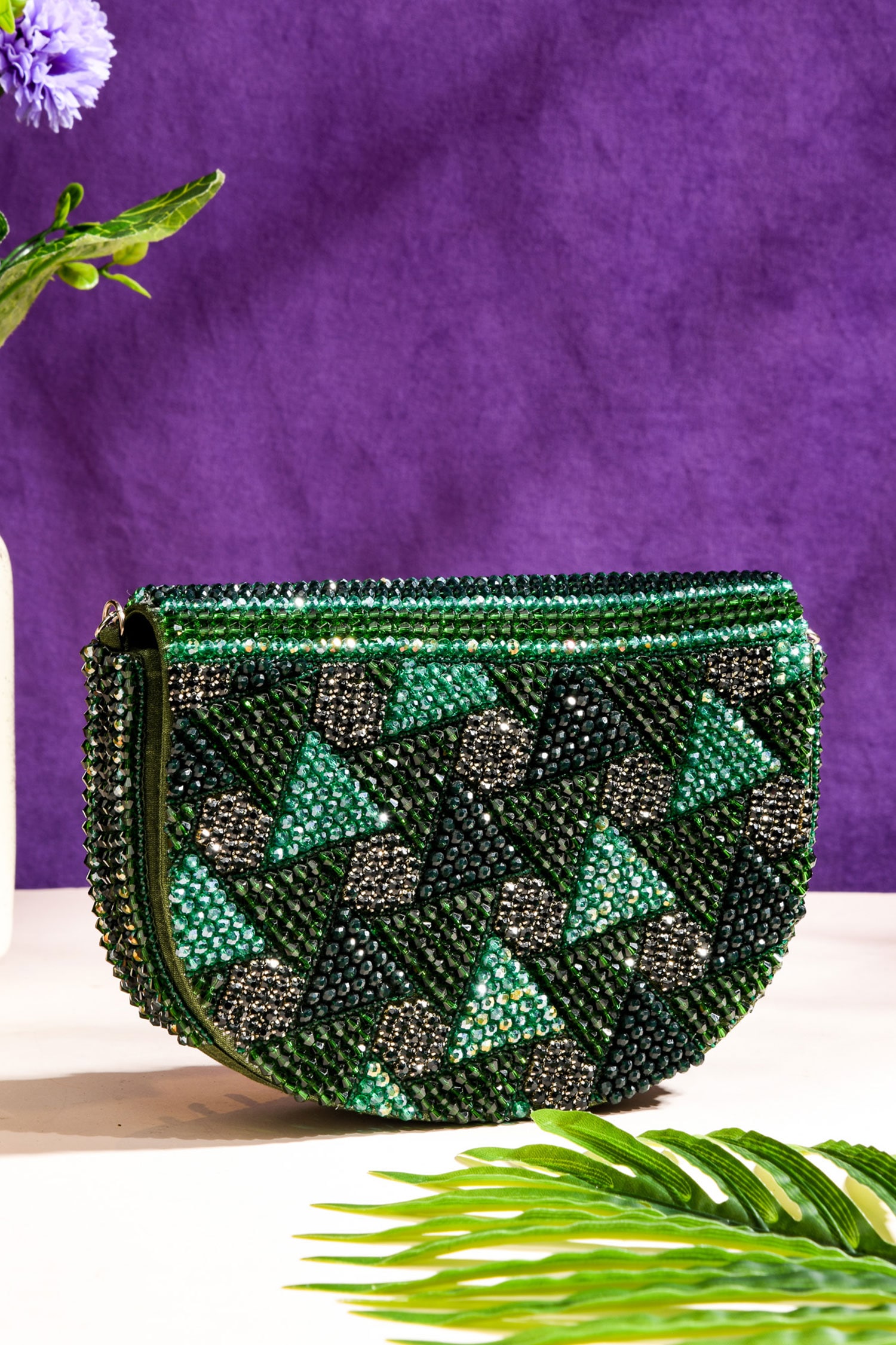 The Purple Sack - Green Crystal Beads Embroidered Beauty Bag