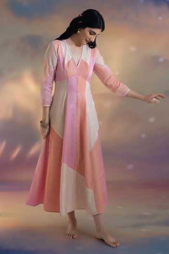 Buy Peach Chanderi V-neck Patchwork Dress For Women by Kacha Tanka Online  at Aza Fashions.