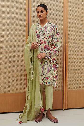 Ruhani Sage Green Straight Fit Cotton Silk Pant With Pakka Hand Embroidery