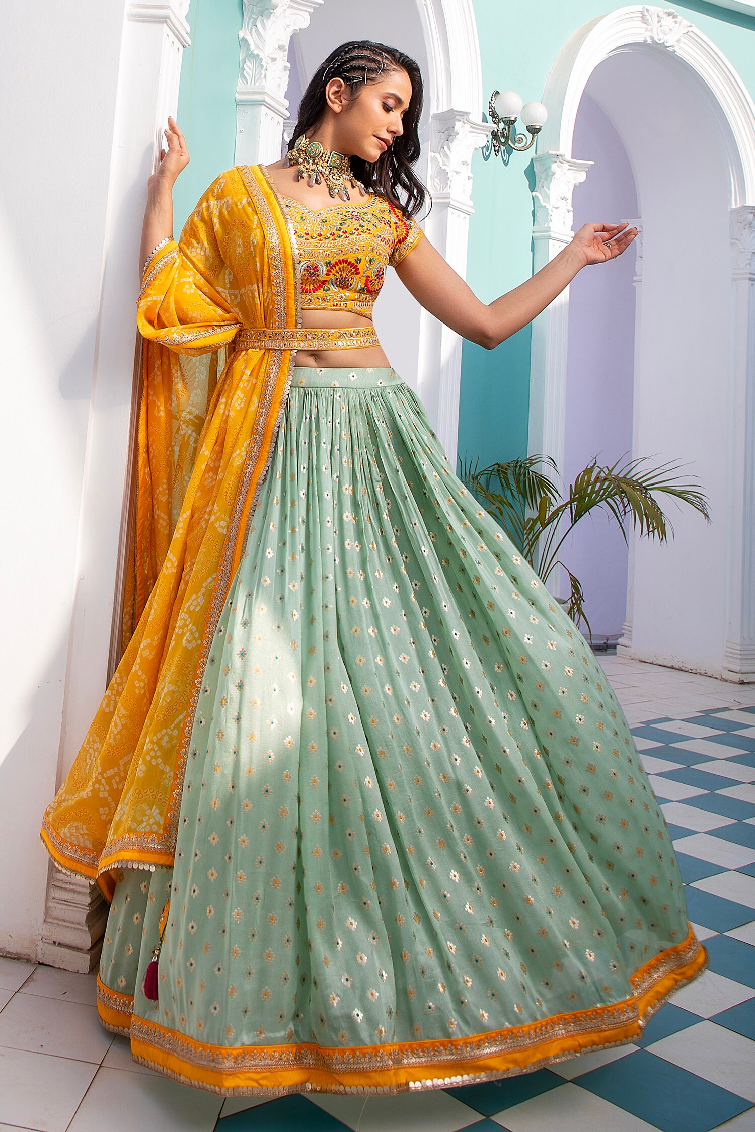 Jiya by Veer Design Studio - Green Banarasi Embroidery Thread Leaf Neck  Lehenga Set For Women