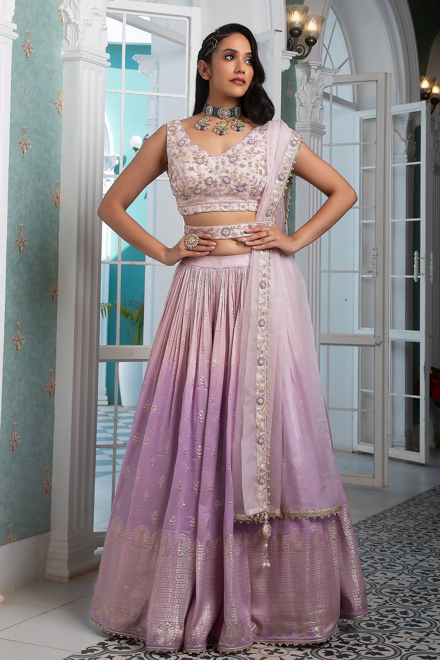 Buy Pink Organza Woven Floral V Neck Ombre Lehenga Set For Women by Jiya by Veer  Design Studio Online at Aza Fashions.
