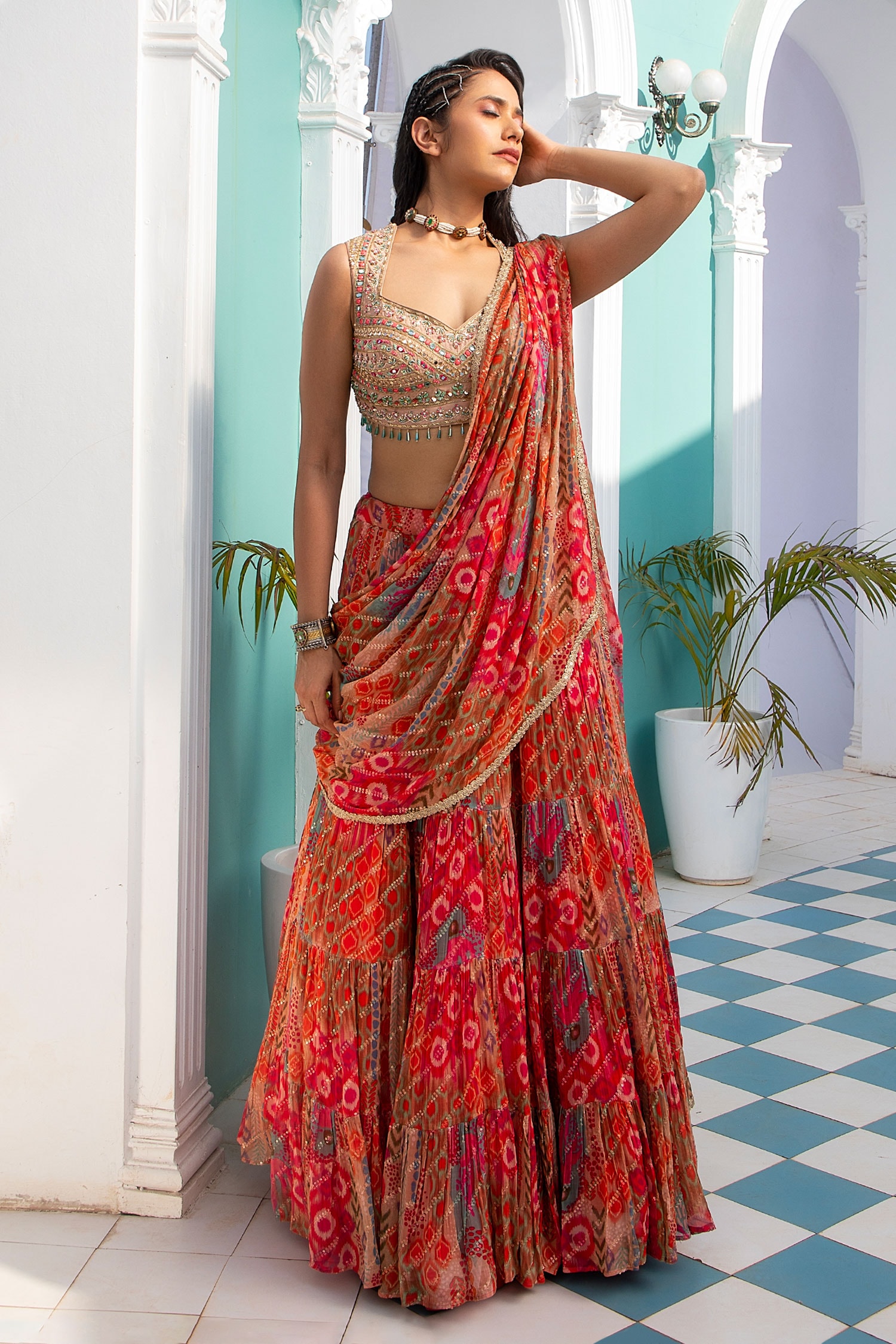 Buy Multi Color Chiffon Printed Geometric V Neck Skirt Saree With Choli For Women By Jiya By